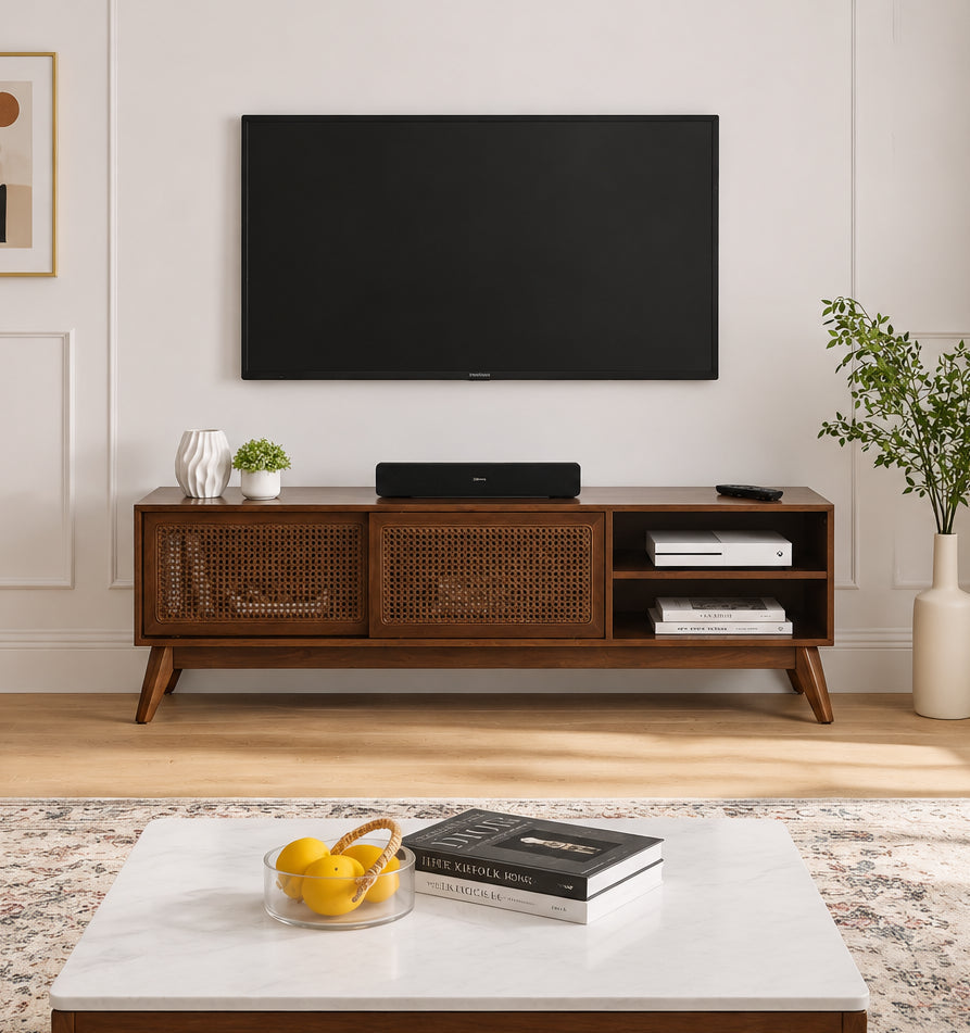 Walnut 59 TV Stand with Open Shelves & Rattan Doors for 65 TVs