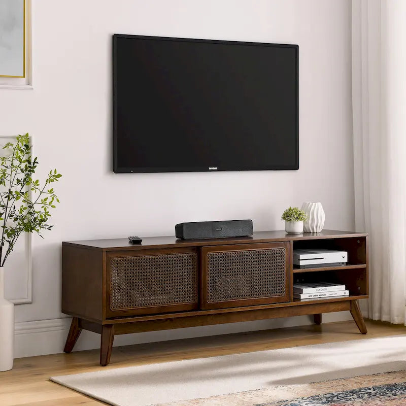Walnut 59 TV Stand with Open Shelves & Rattan Doors for 65 TVs