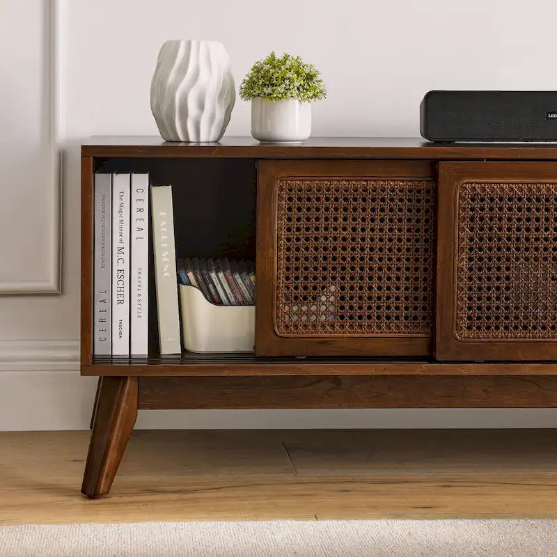 Walnut 59 TV Stand with Open Shelves & Rattan Doors for 65 TVs