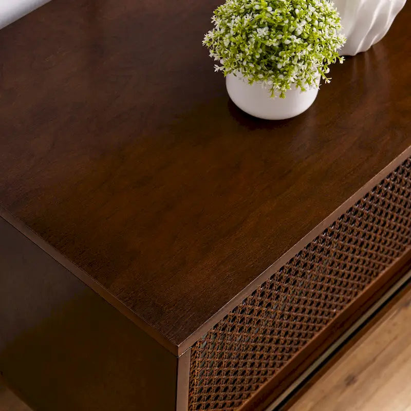 Walnut 59 TV Stand with Open Shelves & Rattan Doors for 65 TVs