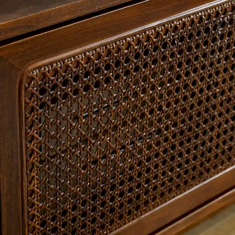 Walnut 59 TV Stand with Open Shelves & Rattan Doors for 65 TVs