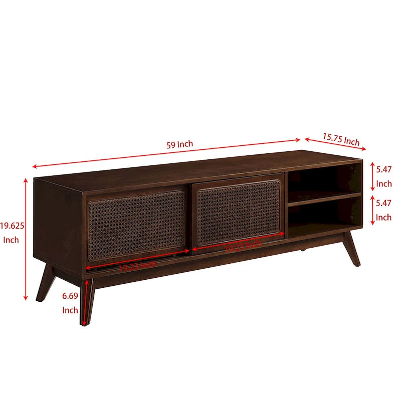 Walnut 59 TV Stand with Open Shelves & Rattan Doors for 65 TVs