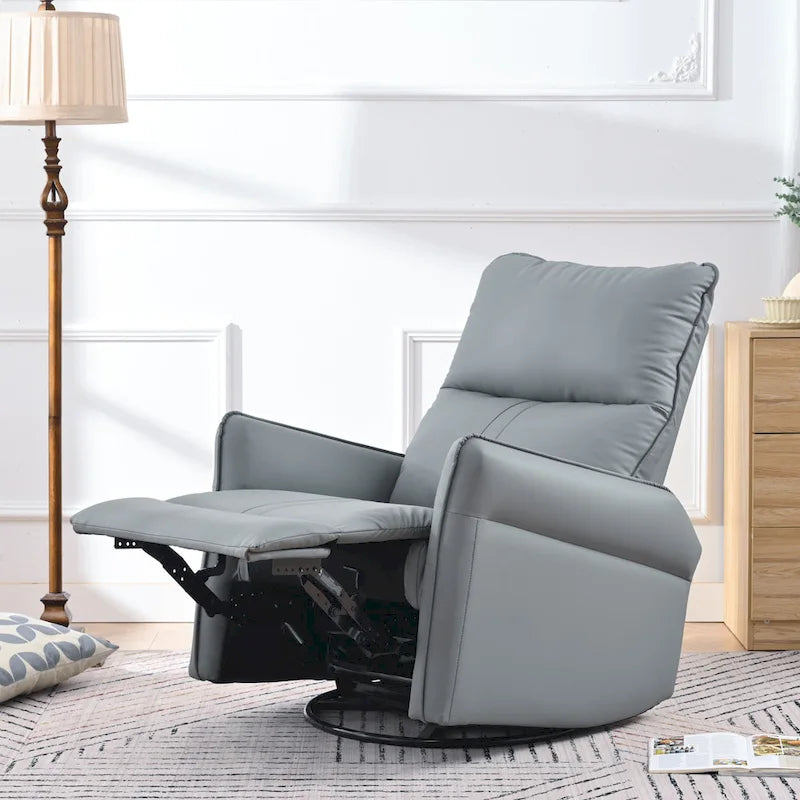 Blue-Gray PU Leather Swivel Glider Rocker Recliner with Pockets, Backrest