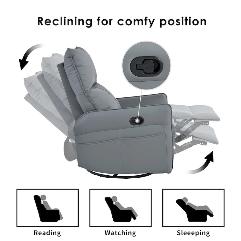 Blue-Gray PU Leather Swivel Glider Rocker Recliner with Pockets, Backrest