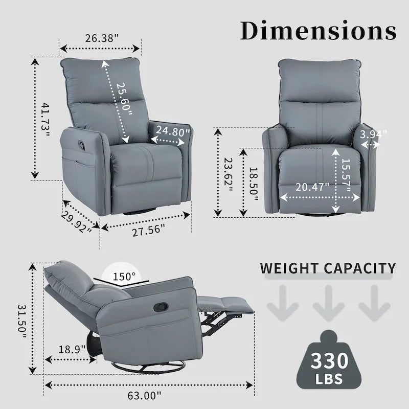 Blue-Gray PU Leather Swivel Glider Rocker Recliner with Pockets, Backrest
