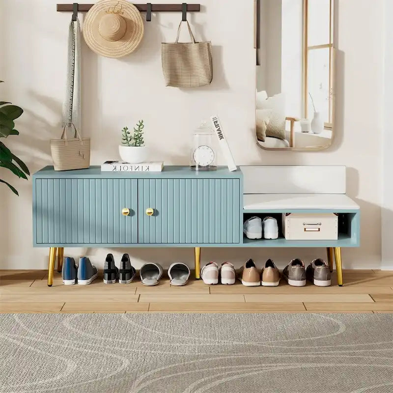Modern Shoe Storage Bench with Hidden Storage and Upholstered Cushions