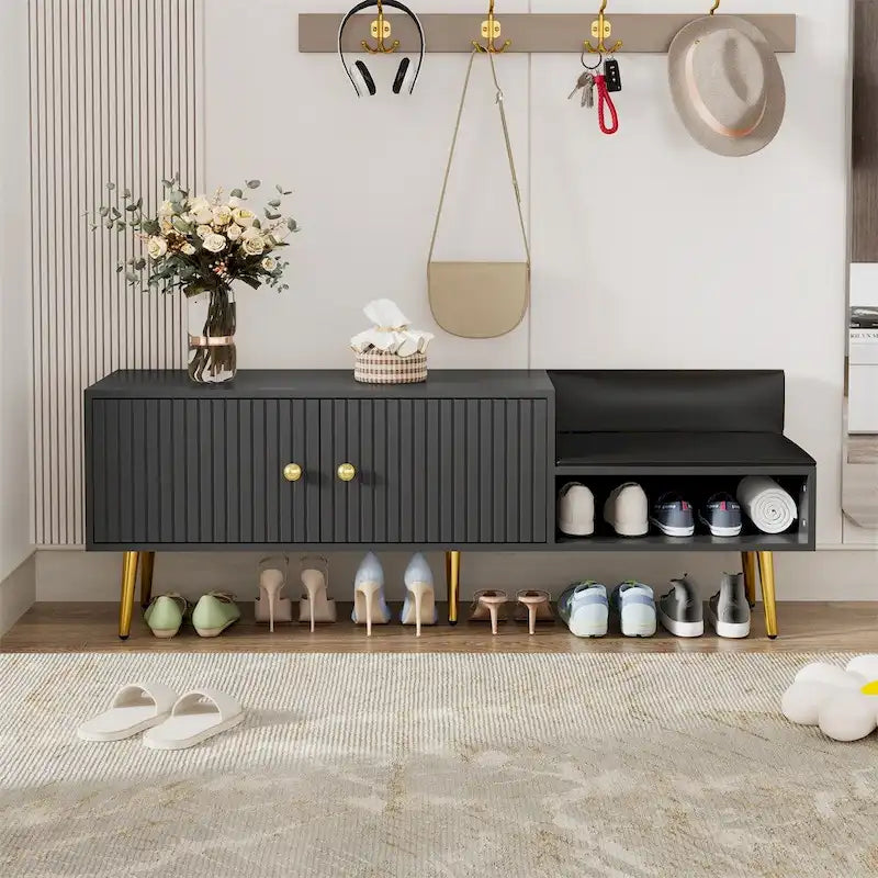 Modern Shoe Storage Bench with Hidden Storage and Upholstered Cushions