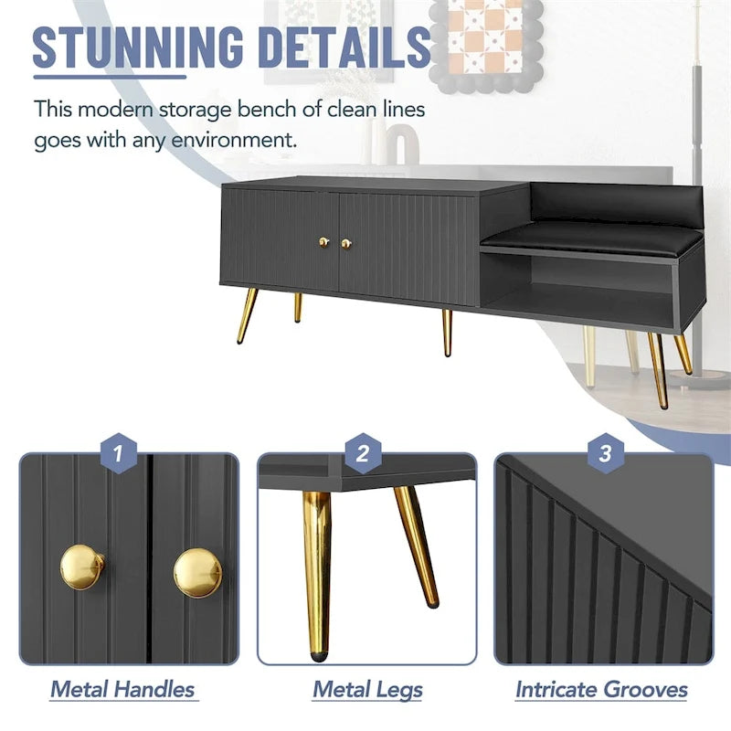 Modern Shoe Storage Bench with Hidden Storage and Upholstered Cushions