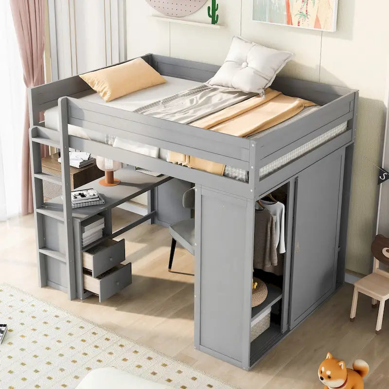 Wood Full Size Loft Bed with Wardrobes and 2-Drawer Desk w/Cabinet