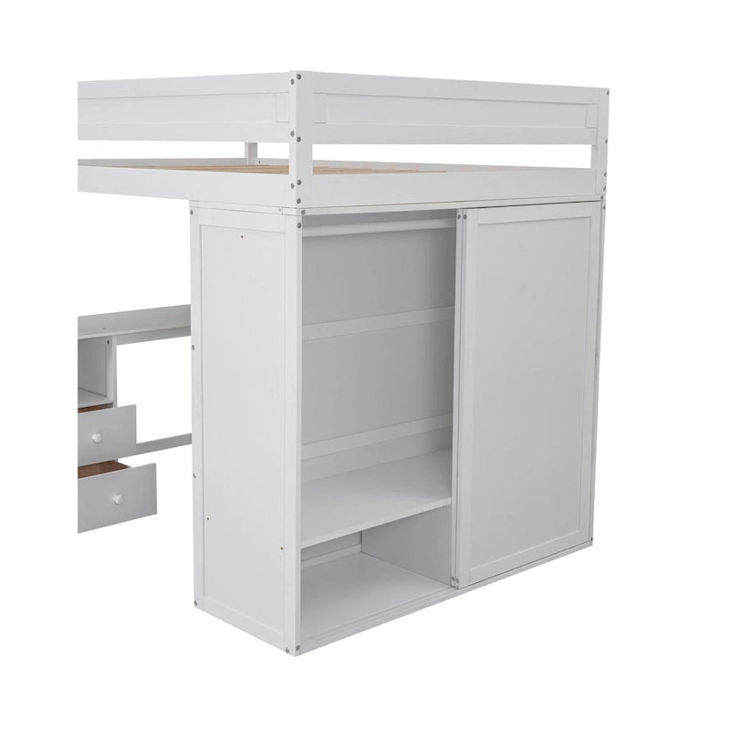 Wood Full Size Loft Bed with Wardrobes and 2-Drawer Desk w/Cabinet