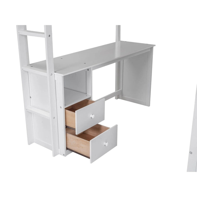 Wood Full Size Loft Bed with Wardrobes and 2-Drawer Desk w/Cabinet