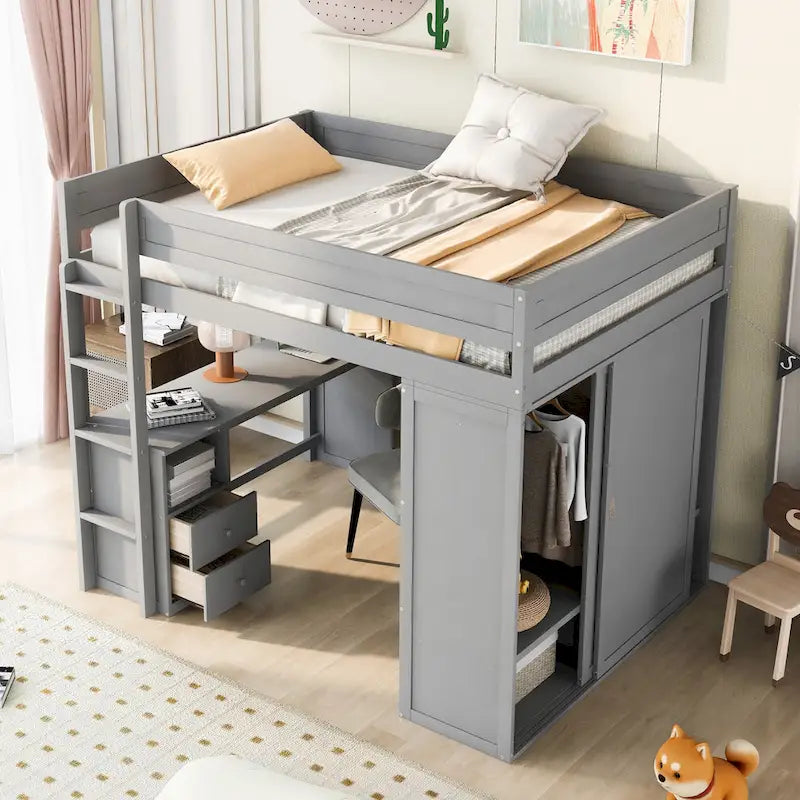 Wood Full Size Loft Bed with Wardrobes and 2-Drawer Desk w/Cabinet