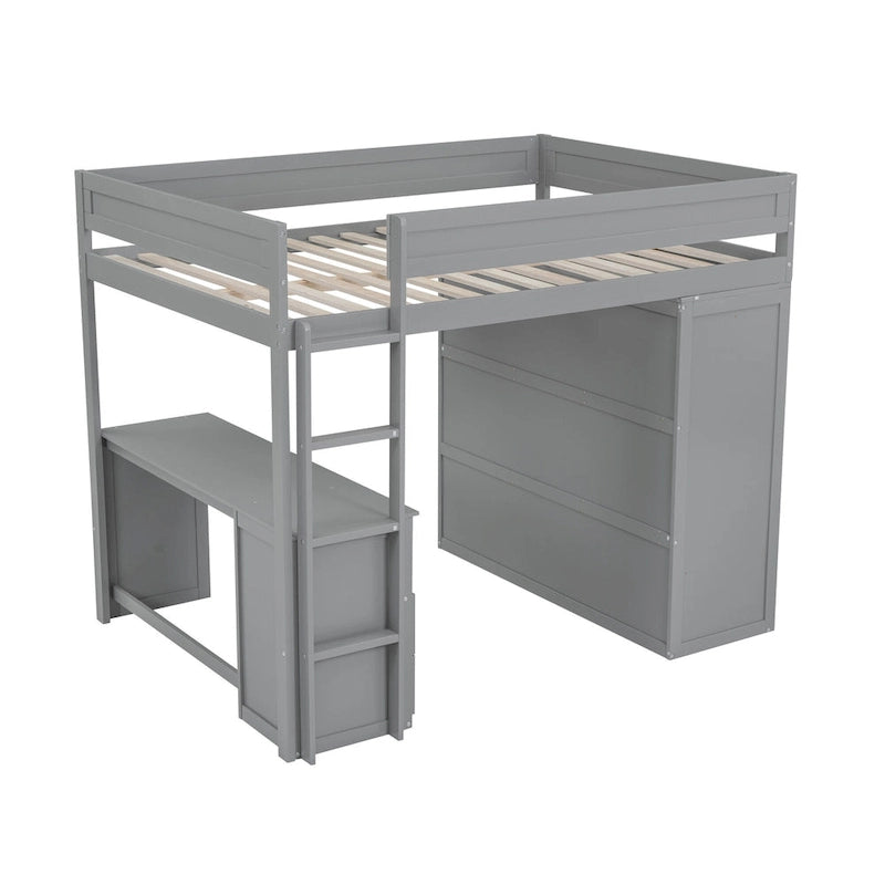 Wood Full Size Loft Bed with Wardrobes and 2-Drawer Desk w/Cabinet