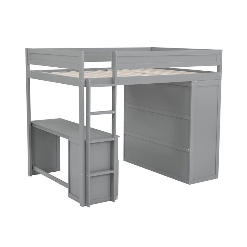 Wood Full Size Loft Bed with Wardrobes and 2-Drawer Desk w/Cabinet