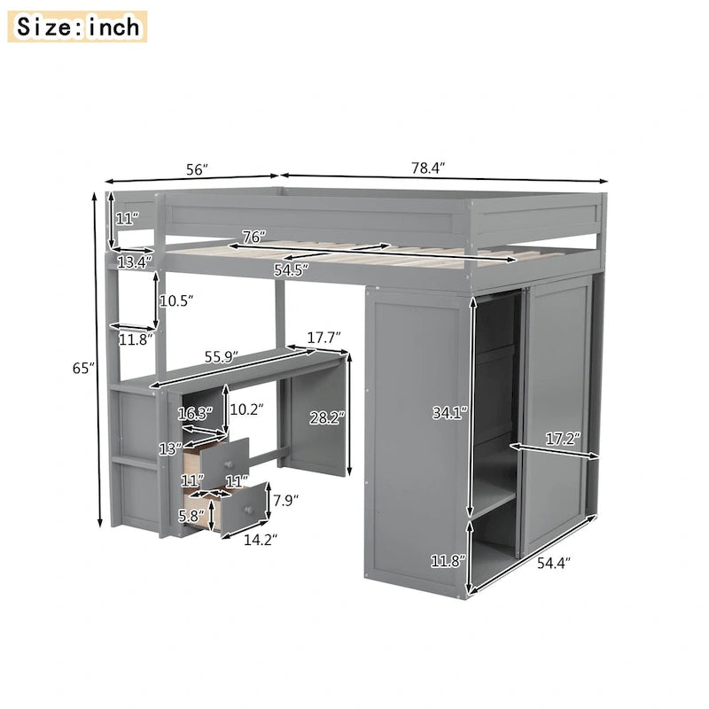 Wood Full Size Loft Bed with Wardrobes and 2-Drawer Desk w/Cabinet