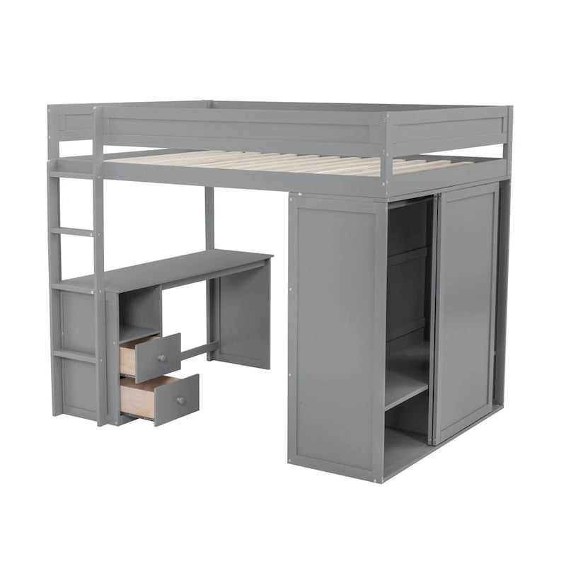 Wood Full Size Loft Bed with Wardrobes and 2-Drawer Desk w/Cabinet