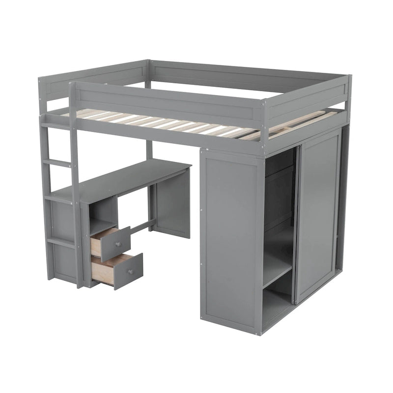 Wood Full Size Loft Bed with Wardrobes and 2-Drawer Desk w/Cabinet