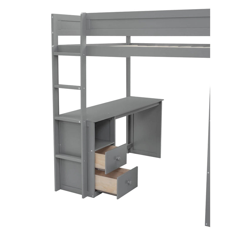 Wood Full Size Loft Bed with Wardrobes and 2-Drawer Desk w/Cabinet