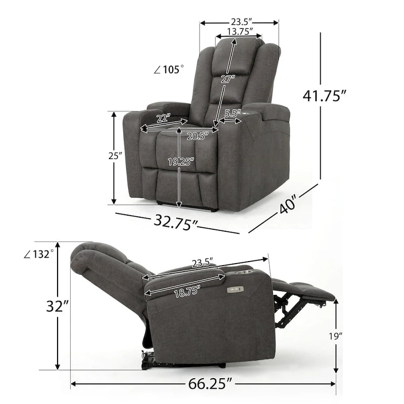 33 Wide Power Standard Recliner Chair with Arm Storage and USB, Slate