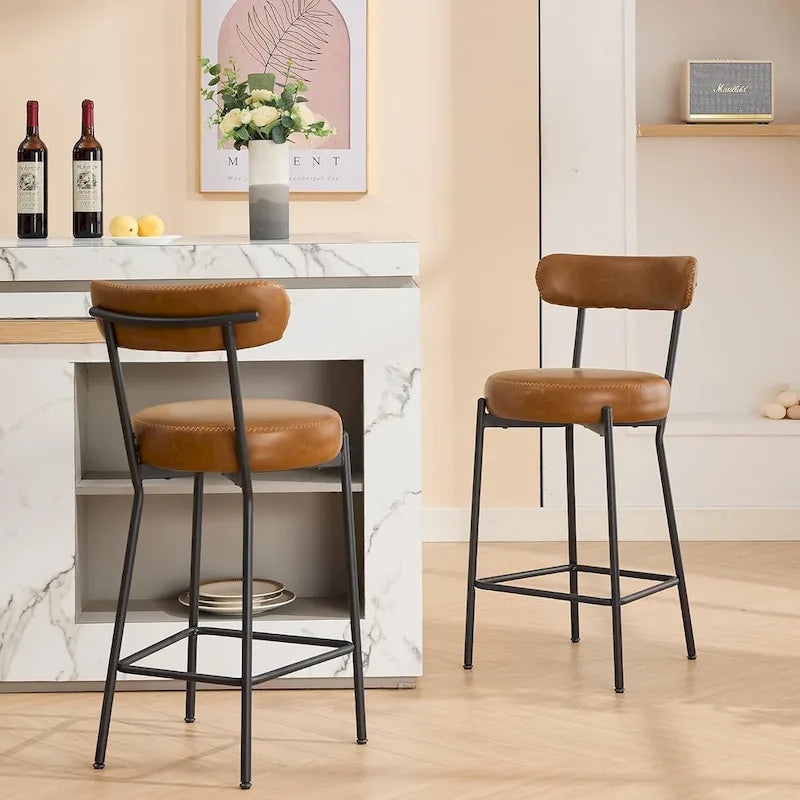 27 Modern Counter Stools Set of 2, Leather Bar Stools with Back & Pedals & Metal Legs