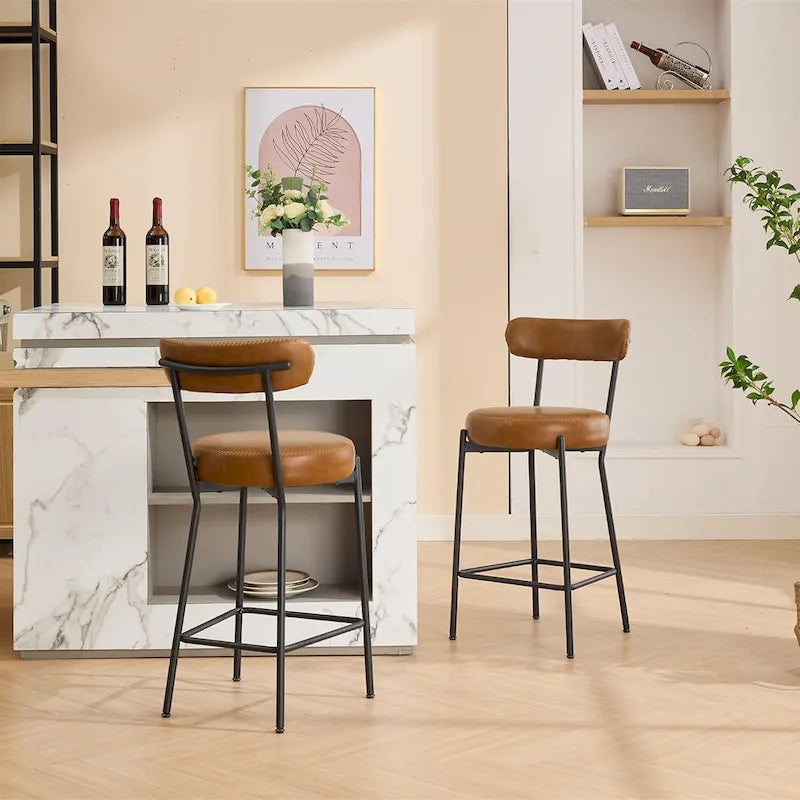 27 Modern Counter Stools Set of 2, Leather Bar Stools with Back & Pedals & Metal Legs