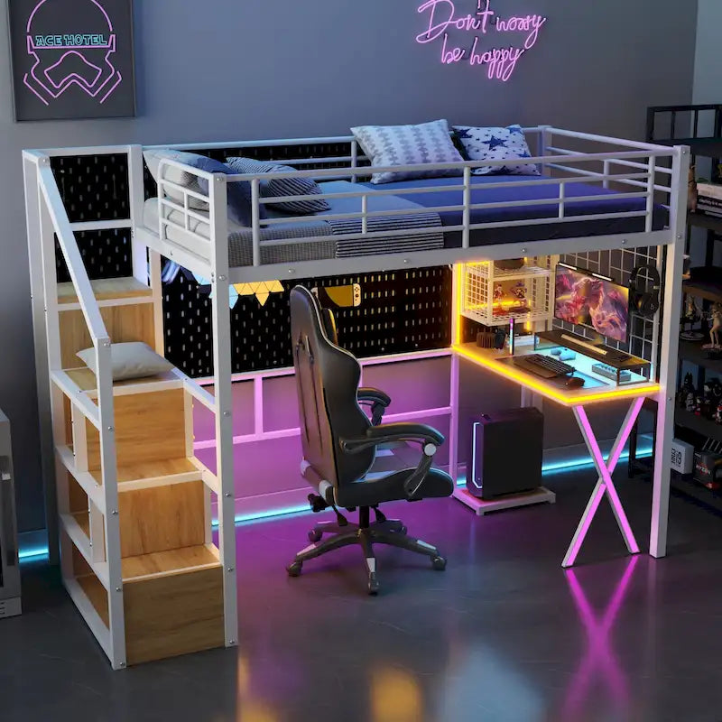 Gaming Metal Loft Bed with Built-in Work Station & Wardrobe, Heavy Duty Loft Bed Frame with Storage Staircase and LED Lights