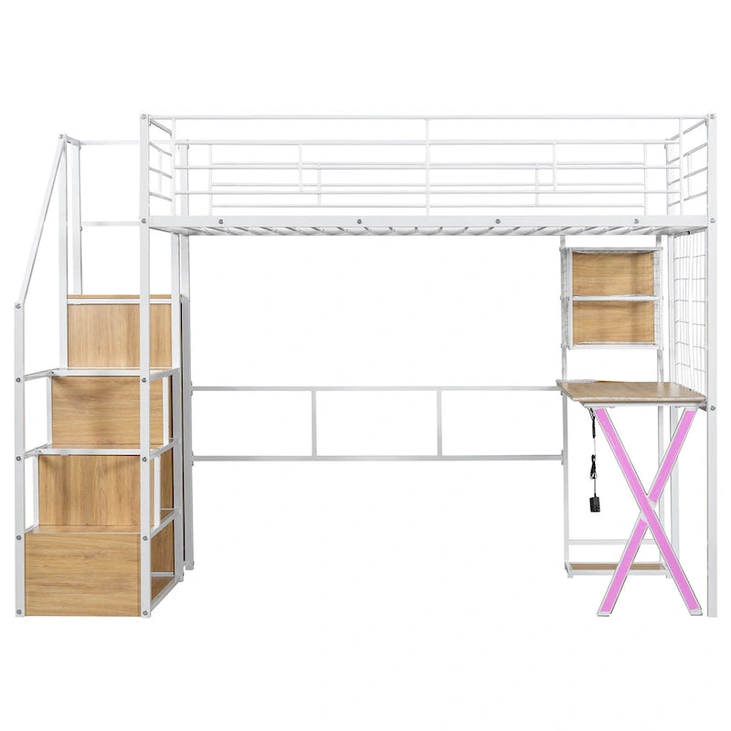 Gaming Metal Loft Bed with Built-in Work Station & Wardrobe, Heavy Duty Loft Bed Frame with Storage Staircase and LED Lights