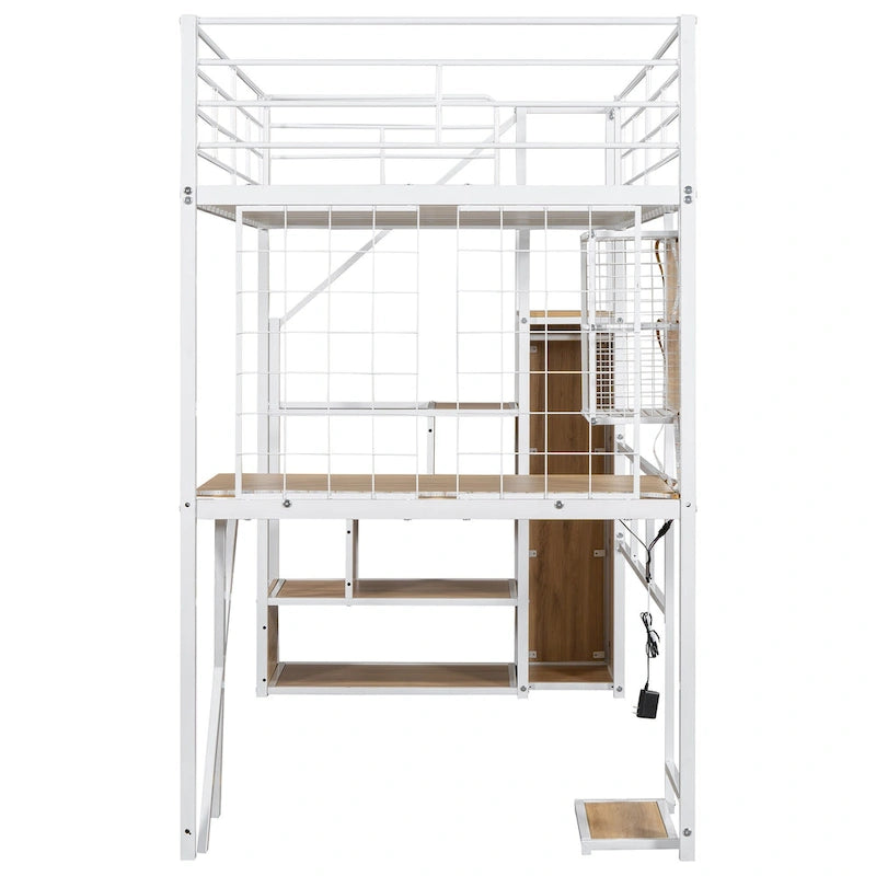 Gaming Metal Loft Bed with Built-in Work Station & Wardrobe, Heavy Duty Loft Bed Frame with Storage Staircase and LED Lights
