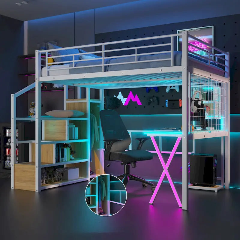 Gaming Metal Loft Bed with Built-in Work Station & Wardrobe, Heavy Duty Loft Bed Frame with Storage Staircase and LED Lights