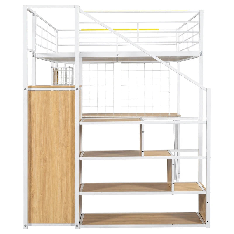 Gaming Metal Loft Bed with Built-in Work Station & Wardrobe, Heavy Duty Loft Bed Frame with Storage Staircase and LED Lights