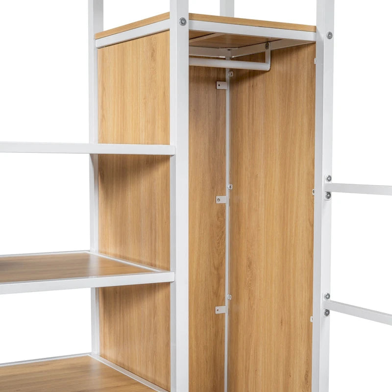 Gaming Metal Loft Bed with Built-in Work Station & Wardrobe, Heavy Duty Loft Bed Frame with Storage Staircase and LED Lights