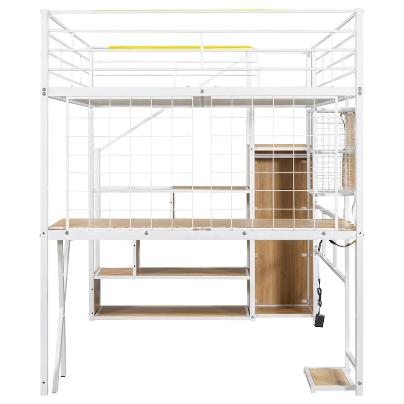 Gaming Metal Loft Bed with Built-in Work Station & Wardrobe, Heavy Duty Loft Bed Frame with Storage Staircase and LED Lights