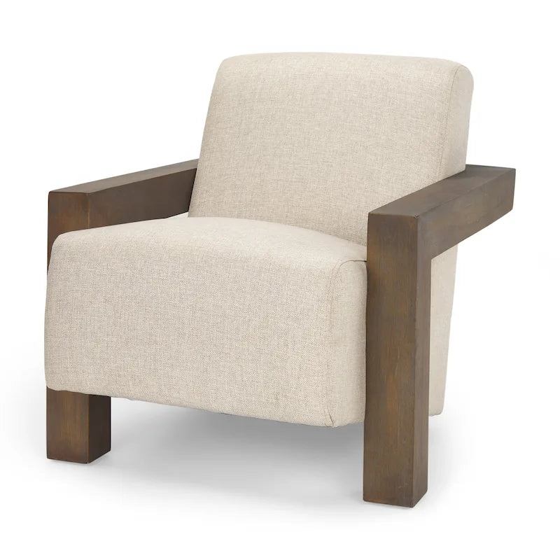 Beige Fabric with Dark Brown Solid Wood Frame Accent Chair