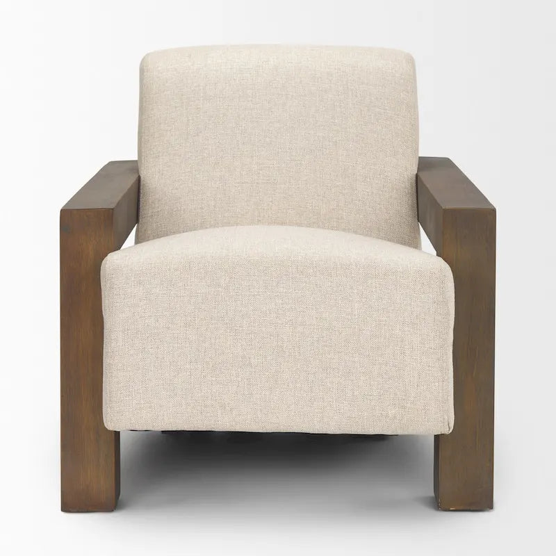 Beige Fabric with Dark Brown Solid Wood Frame Accent Chair