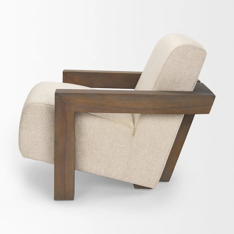 Beige Stoff-Polsterung mit Akzentstuhl aus massivem dunkelbraunem Holzrahmen