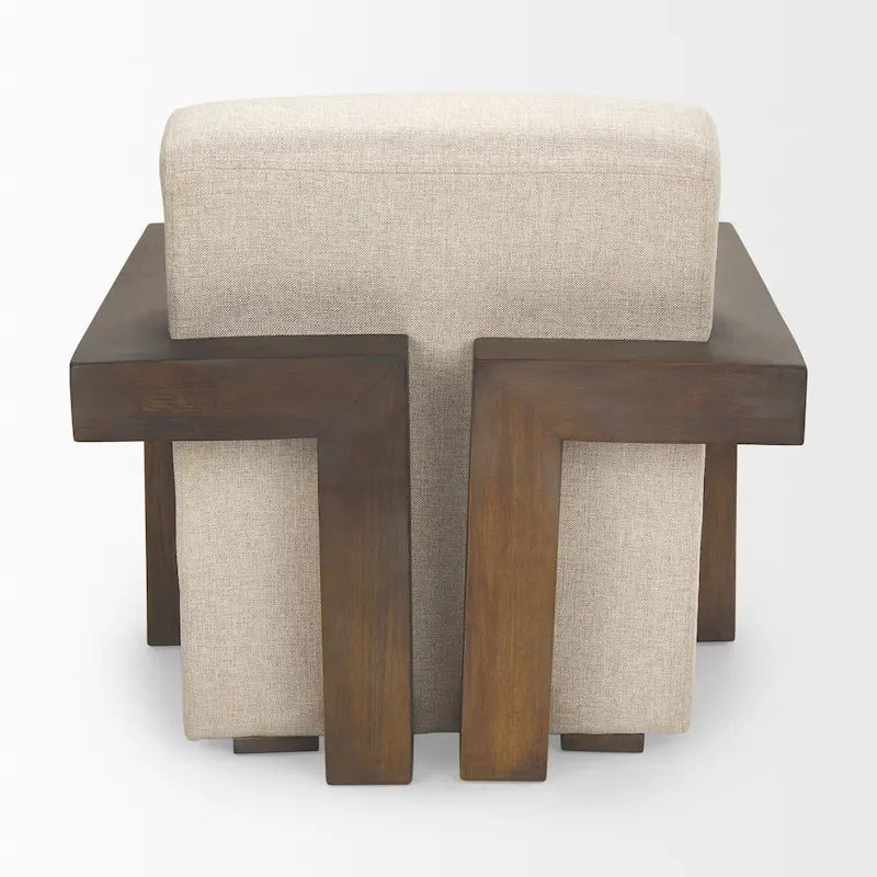 Beige Stoff-Polsterung mit Akzentstuhl aus massivem dunkelbraunem Holzrahmen