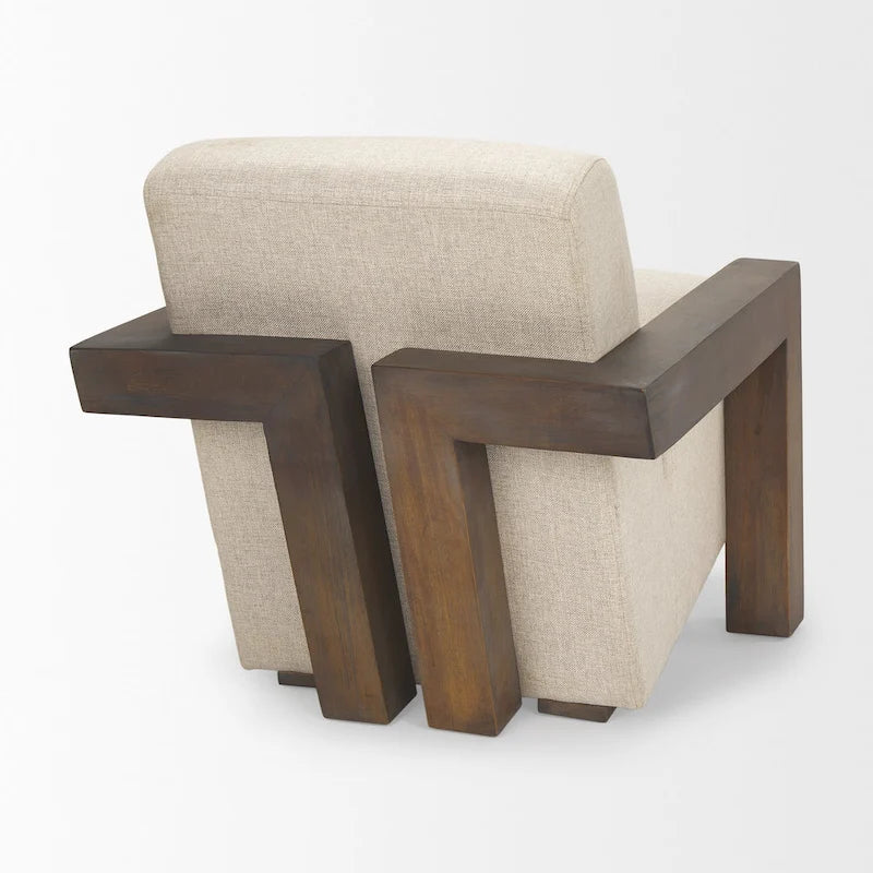 Beige Stoff-Polsterung mit Akzentstuhl aus massivem dunkelbraunem Holzrahmen