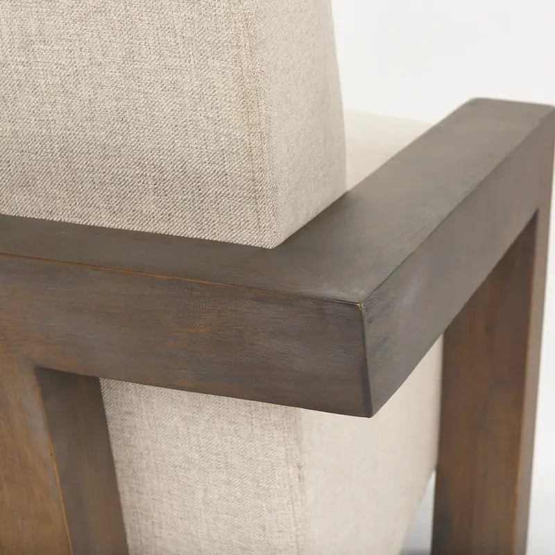 Beige Stoff-Polsterung mit Akzentstuhl aus massivem dunkelbraunem Holzrahmen