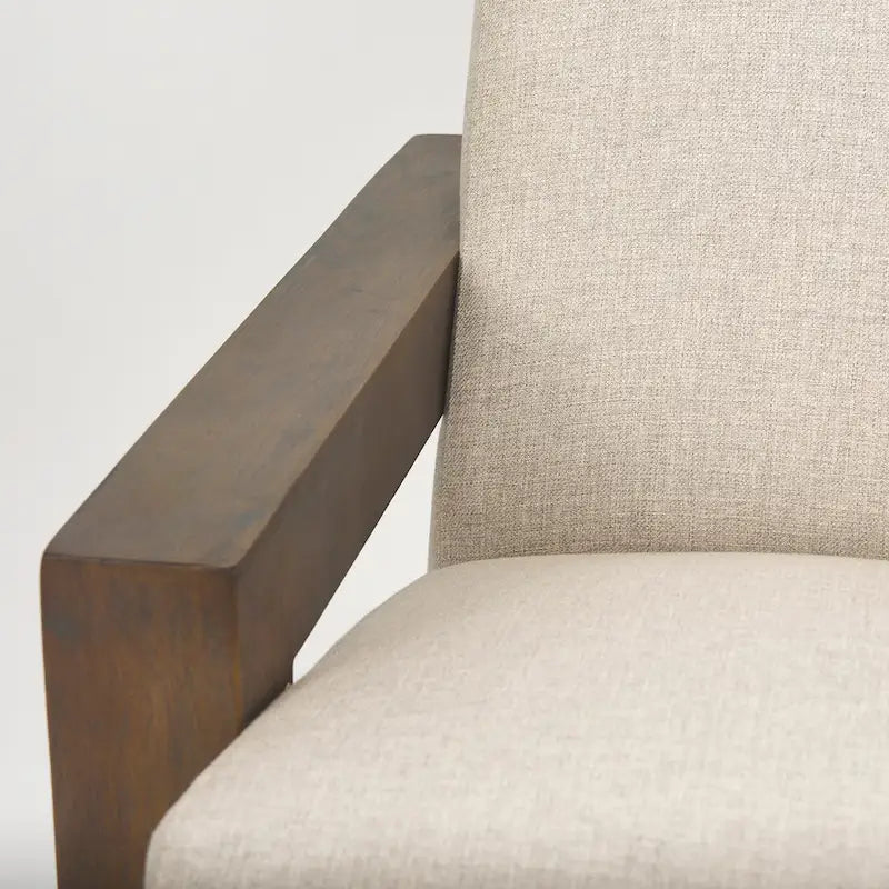 Beige Stoff-Polsterung mit Akzentstuhl aus massivem dunkelbraunem Holzrahmen