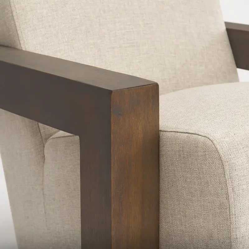 Beige Stoff-Polsterung mit Akzentstuhl aus massivem dunkelbraunem Holzrahmen