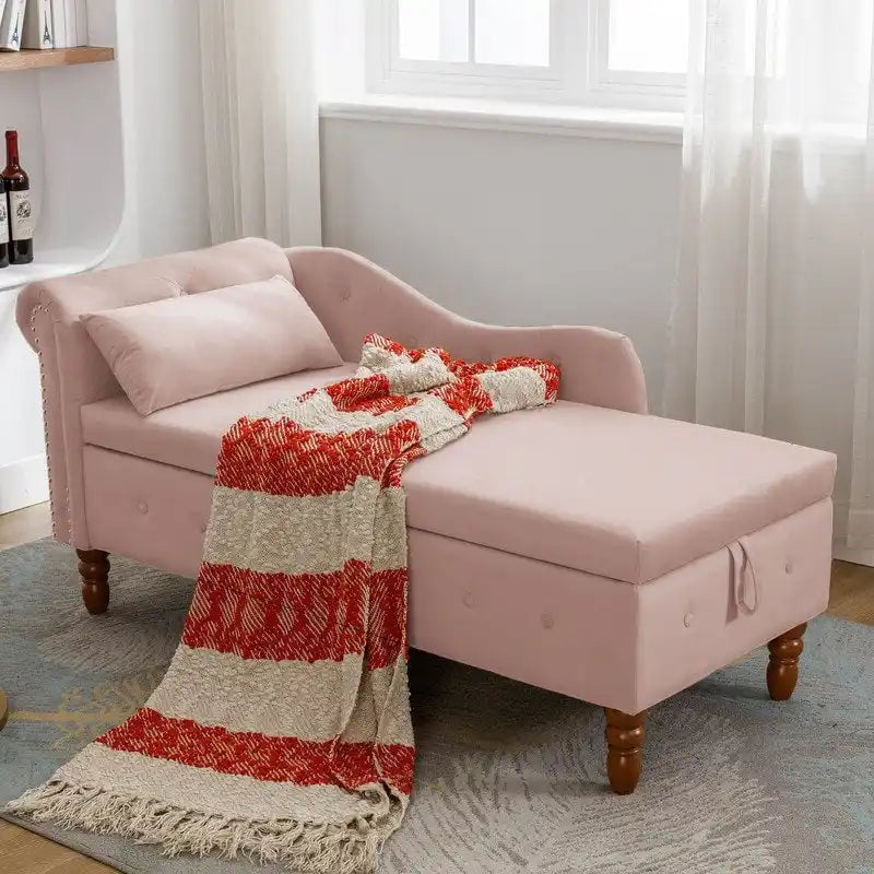Chaise Lounge Indoor,Velvet Lounge Chair for Bedroom with Storage & Pillow,Modern Upholstered Rolled Arm Chase Lounge
