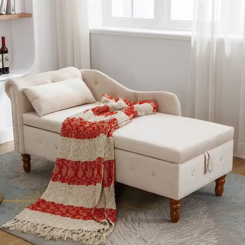Chaise Lounge Indoor,Velvet Lounge Chair for Bedroom with Storage & Pillow,Modern Upholstered Rolled Arm Chase Lounge
