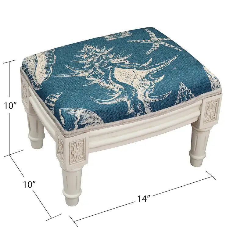 Navy Blue Seashells Print Upholstered Footstool Ottoman for Bedroom & Living Room