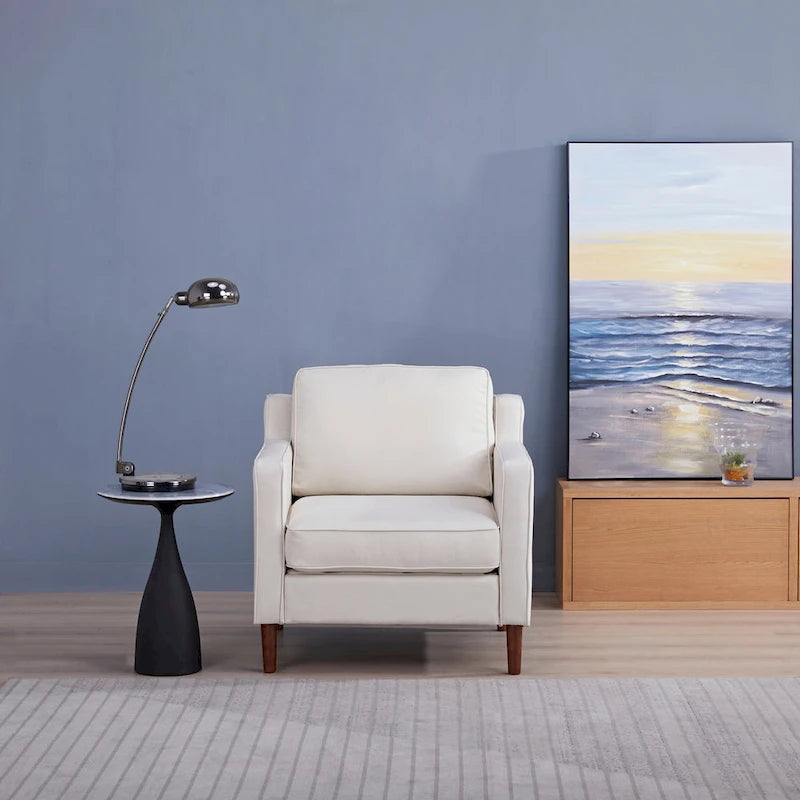 Modern Accent Chair, Faux Linen / Vegan Leather Armchair