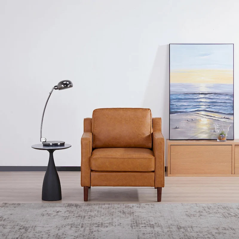 Modern Accent Chair, Faux Linen / Vegan Leather Armchair