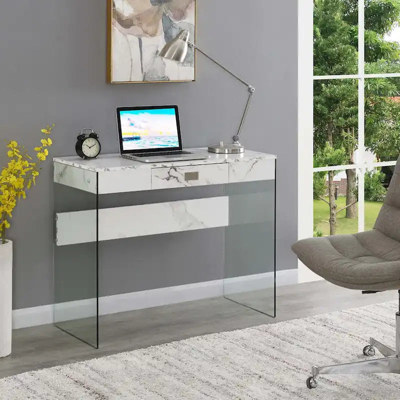 36-Inch Glass Top Computer Desk with 1 Drawer for Home Office & Study