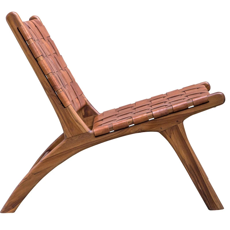 Handwoven Genuine Leather Accent Chair with Solid Wood Frame for Living Room