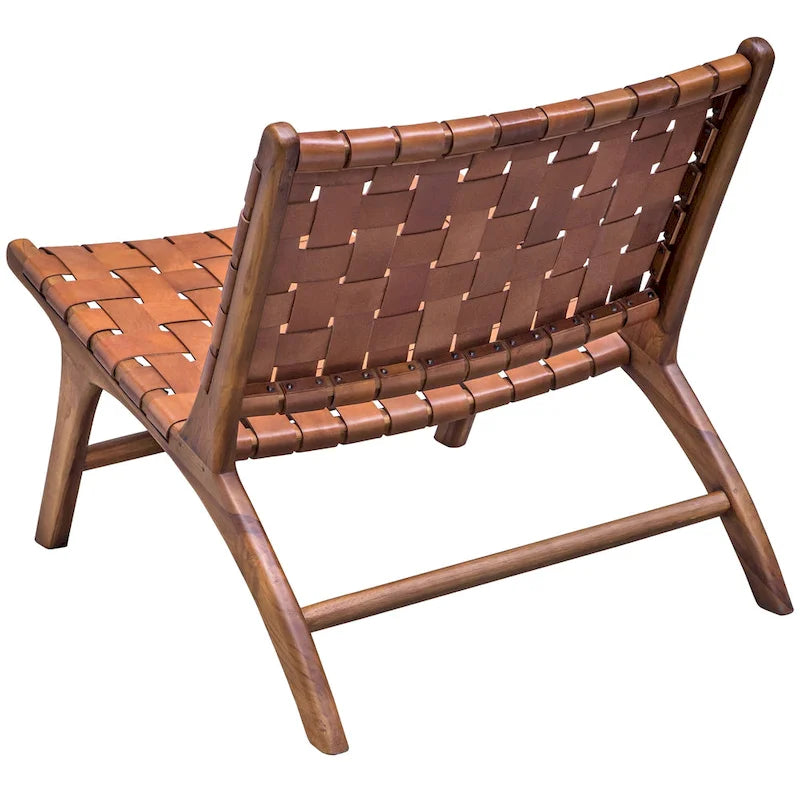 Poltrona decorativa in vera pelle intrecciata a mano con struttura in legno massello per soggiorno