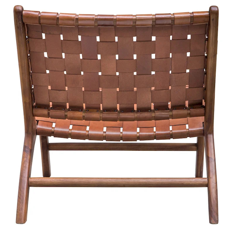Handwoven Genuine Leather Accent Chair with Solid Wood Frame for Living Room