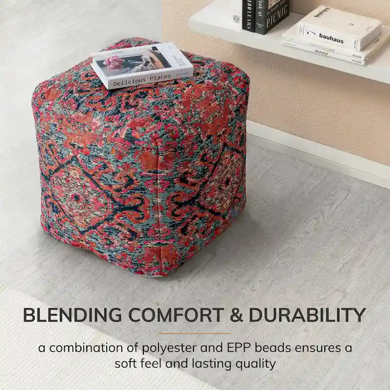 Red 20-inch Multicolor Square Pouf Ottoman - Handmade Footrest for Living Room, Nursery